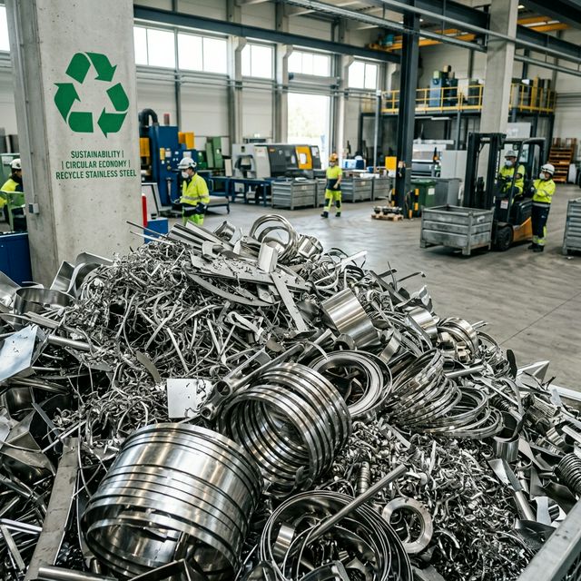 Sucata de aço inoxidável brilhante em instalação de reciclagem moderna representando economia circular
