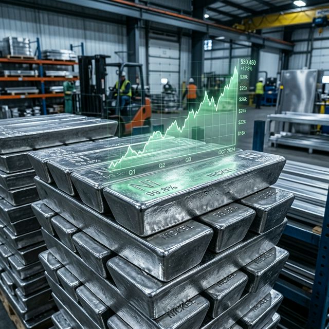 Lingotes de níquel empilhados em armazém industrial com gráfico de alta do mercado ao fundo